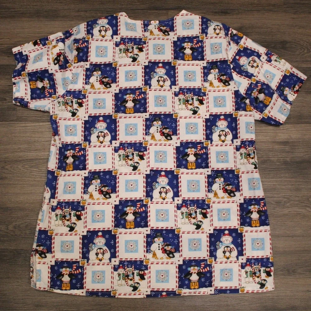 White Swan‎ Fundamentally Cotton Holiday Christmas Penguin Snowman Scrub Top M - Picture 8 of 8